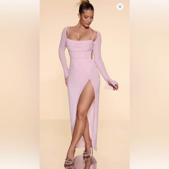 Oh Polly Dresses & Skirts - Embellished Cowl Neck Maxi Dress in Blush US 12